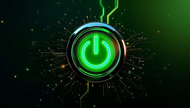 Glowing Power Button with Circuitry Design on Dark Green Background