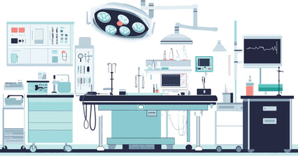 A digital illustration depicting the interior of a modern operating room.  The scene is presented from a slightly elevated perspective, showing a central operating table surrounded by