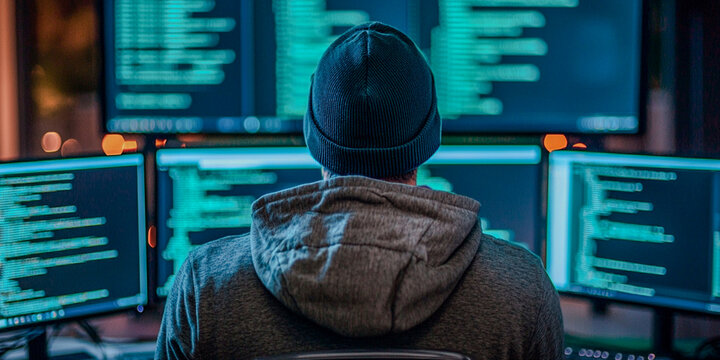 A person in a hoodie sits in front of multiple monitors displaying green coding text, immersed in a digital environment.