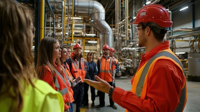 A safety officer demonstrating emergency procedures to a group of employees in a factory.