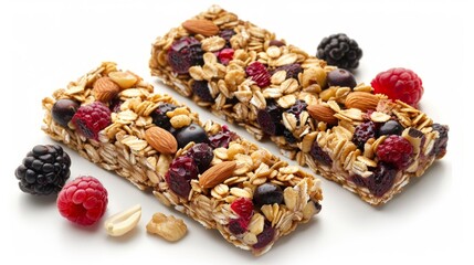 Delicious granola bars with nuts and dried fruits, perfect for promoting healthy snacks, fitness blogs and articles on nutrition.