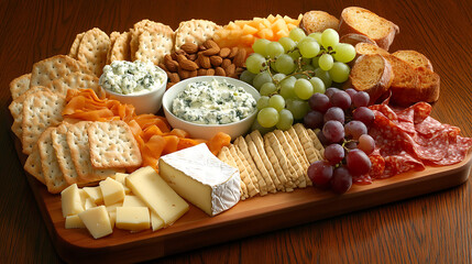 Charcuterie board with assorted cheeses, crackers, meats, grapes, nuts, and dips on rustic wooden surface for gatherings and parties