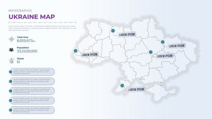 Total Area, Papulation, States & More Detailed Infographic Map of Ukraine. Ukraine country map infographic colored vector template with regions and pointer marks.