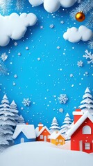 Naklejka premium Cheerful christmas scene with colorful houses and snow covered trees against a bright blue background creating a festive and joyful atmosphere