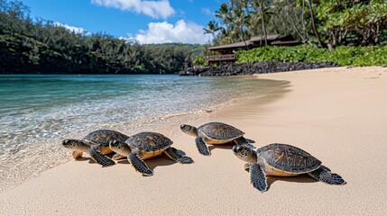 Two turtles relaxing on a sandy beach with gentle waves lapping at the shore under a clear blue sky