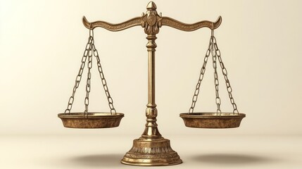 Balanced brass scales of justice on simple background
