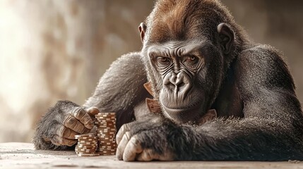 Fototapeta premium Gambler gorilla plays poker with pet cat and dog card game showdown home setting close-up action shot