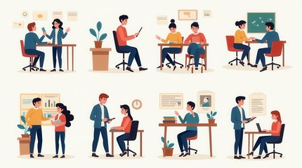 Professional Asian and Caucasian young adults in office meetings and discussions