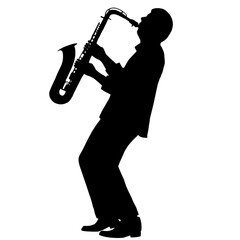 Naklejka premium Silhouette of a jazz saxophonist playing passionately, bending backward to create a dynamic impression of musical engagement.