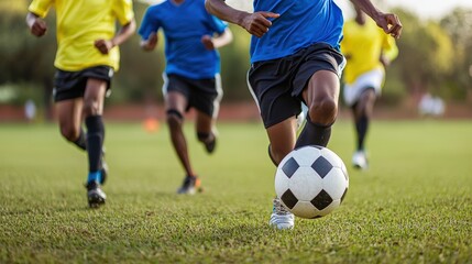 Obraz premium A group of young boys energetically playing soccer on a grass field under a clear blue sky in the afternoon