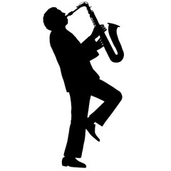 Silhouette of a saxophonist playing jazz, standing on one leg with the saxophone in mouth, black silhouette on a white background.