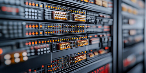 A close-up view of a server rack, showcasing illuminated panels and cables, highlighting modern data storage technology.