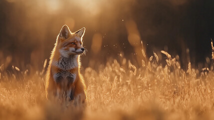 Fototapeta premium Golden Hour Fox in a Wheat Field: A Stunning Wildlife Portrait