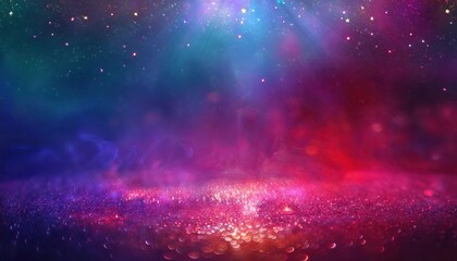 Naklejka premium vibrant cosmic glitter landscape with dreamy bokeh and sparkling reflections in deep blue, magenta, and golden hues