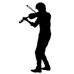 Silhouette of a violinist performing a solo, with the violin raised in the left hand and the bow in the right hand, capturing the essence of musical performance. © OS