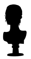 Silhouette of a bust sculpture of a woman, with curly hair and shoulders, placed on a stand to showcase art and craftsmanship.
