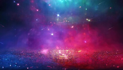 vibrant cosmic glitter landscape with dreamy bokeh and sparkling reflections in deep blue, magenta, and golden hues

