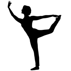 Silhouette of a yoga practitioner balancing in a graceful pose with one leg lifted and held behind, symbolizing harmony and self-discovery, with an aura of inner peace.