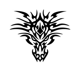 Black and White Tribal Tattoo-Style Drawing of a Bull's Head, Featuring Abstract Curved, Pointed Lines Emphasizing the Power and Strength of Wild Animals, Aggression and Dominance.