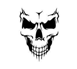 Black and White Skull Drawing with Aggressive Expression, Featuring Hollow Eye Sockets and a Heart-Shaped Nose, Death, Danger, Dark Imagery for a Macabre Aesthetic.