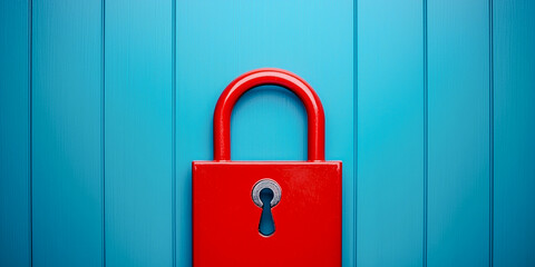 A vibrant red padlock hangs on a blue wooden door, symbolizing security and protection.