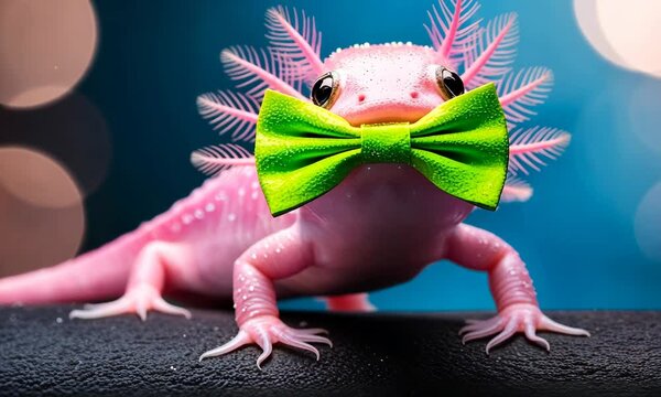 A cute pink axolotl wearing a bright green bow tie against a bold blue background. Uniqueness, charm, and creativity concept