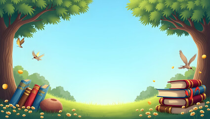 International Childrens Book Day border with storybooks and fairy tale elements offering space for quotes concept as Book day frame featuring storybooks and fairy tale elements for quotes in  Photo St