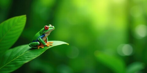 Fototapeta premium Vibrant Green Frog Perched on Lush Leaf in a Tranquil Natural Setting