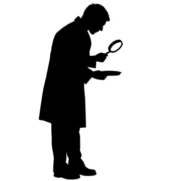 recommend clip art: Silhouette of a Biologist in a Lab Coat Holding a Magnifying Glass Over a Petri Dish, Scientific Research, Biological Studies, Exploration of Microorganisms in the Field of Biology.