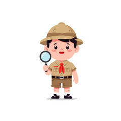 Cartoon Boy Scout Exploring with Magnifying Glass Adventure Concept