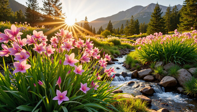 Vivid columbine cluster blooming by mountain stream at dawn, natural beauty - Powered by Adobe