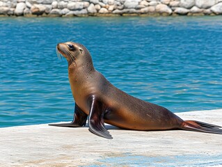 Obraz premium A sealed grey seal relaxing on a smooth rock by the shoreline with gentle waves and soft sunlight in the background