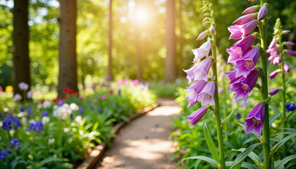 Obraz premium Colorful foxgloves blooming along sunlit forest path, natural beauty