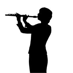 Silhouette of a Flutist Performing on Stage, Holding the Instrument with Raised Hands and Slightly Tilted Head, Representing Classical Music and the Art of Performance.

