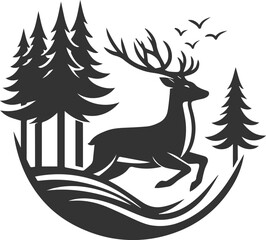 Deer darting between tall trees animal silhouette vector
