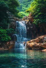 Fototapeta premium Serene Waterfall Flowing Over Rocks Surrounded by Lush Greenery in a Tranquil Natural Setting with Clear Blue Water
