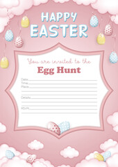 Customizable Easter invitation card featuring Egg Hunt inscription and Easter eggs tied with ribbons to the clouds on soft pink background with fluffy clouds