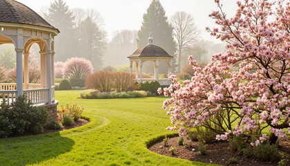 Opulent gardens in bloom with gazebos at misty morning light, tranquility