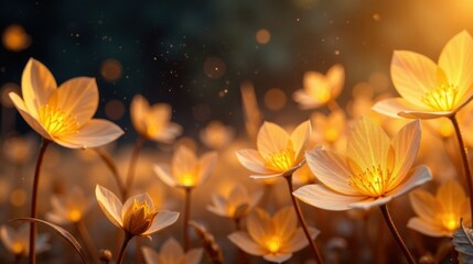Golden Hour Blooms A Field of Illuminated Flowers Glowing in the Soft Light of Sunset