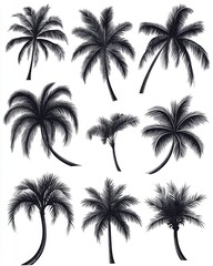 Nine palm trees in black silhouette on a white background capturing the essence of tropical paradise with a minimalist style