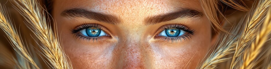 Fototapeta premium Close-up of woman with blue eyes and freckles surrounded by golden wheat in sunlight