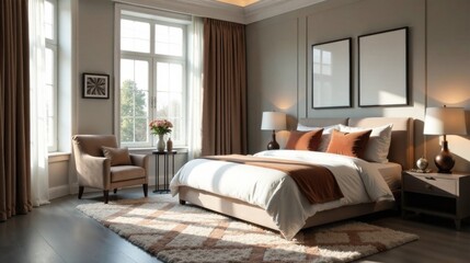 Sunlight streams through large windows illuminating a tranquil bedroom with a plush bed, soft textiles, and a comfortable armchair