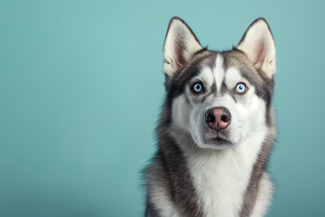 Obraz premium Siberian Husky dog on minimalistic colorful background with Copy Space. Perfect for banners, veterinary ads, pet food promotions, and minimalist designs.