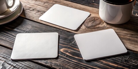 Three white square coasters mockup arranged on a rustic wooden table with warm lighting. High-resolution template for branding, beverage marketing, and product design presentation.