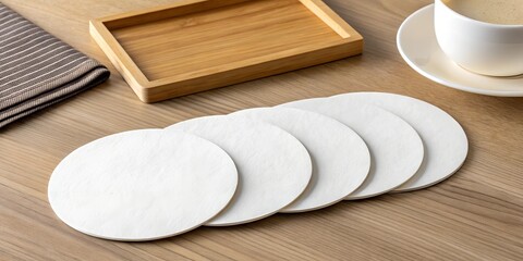 Set of five round white paper coasters mockup arranged on a wooden table with coffee and natural elements. Ideal for branding, product design, and beverage marketing.