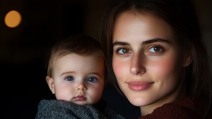 Young mother cradling newborn, embodying love and nurturing, intimate family bond, warmth and tenderness, serene home atmosphere