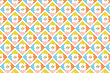 Seamless ethnic geometric pattern with colorful diamond shapes in yellow, orange, blue, and white. Perfect for textiles, wallpapers, packaging, and creative designs.