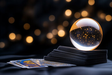 Crystal ball atop tarot cards with mystic background at night illuminating cosmic wonders