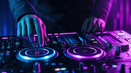 Close-up of a DJ adjusting knobs and faders, neon glow illuminating the dance floor.