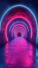 Neon-lit tunnel creates an enchanting atmosphere with vibrant colors and reflective floor in a modern urban setting